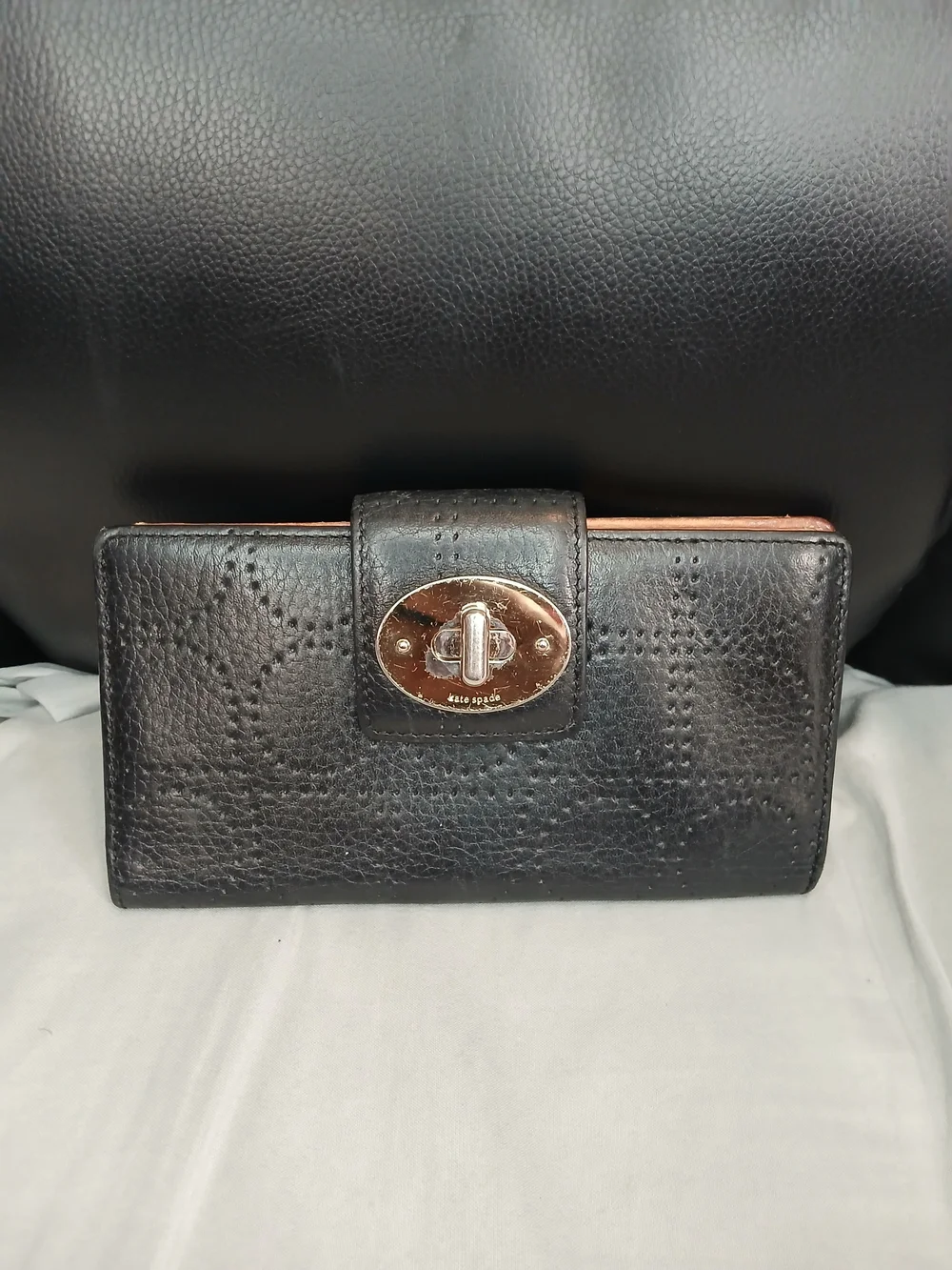 kate spade Black Leather Turn-Lock Continental Wallet with Stitch Detailing